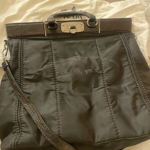 Prada alligator trim tessuto top handle bag